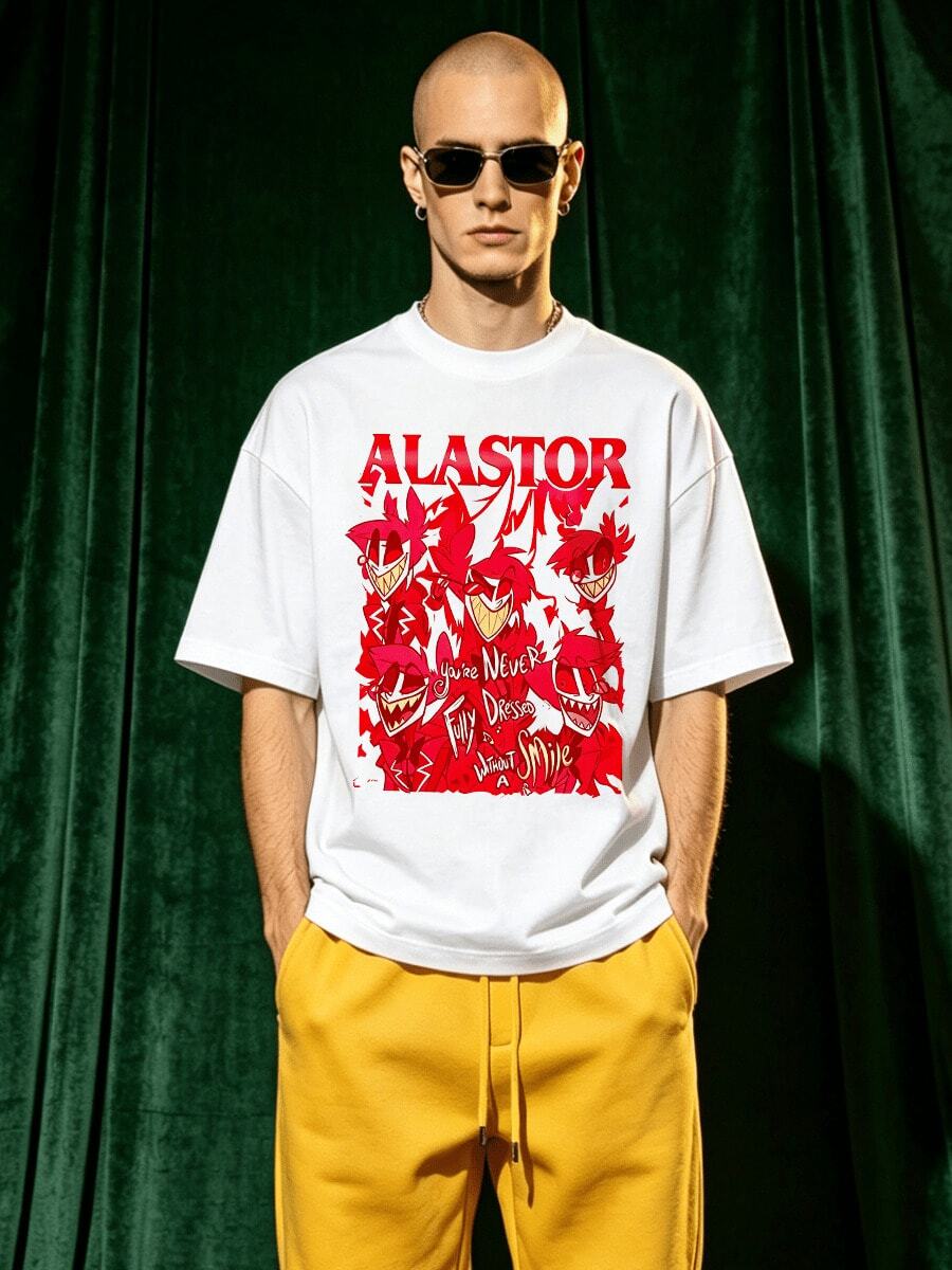 Herren Sommer Lässig weiches Rundhals Kurzarm-Shirt, roter Cartoon Dämon Muster Grafik Alltagskleidung. - Weiss - Übersicht 1