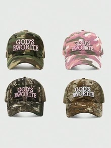 1 pezzo Cappellino da baseball da ragazza con ricamo "God's Favorite", mimetico con schizzi di inchiostro giungla, motivi stampati casuali - A - Visualizzare 7
