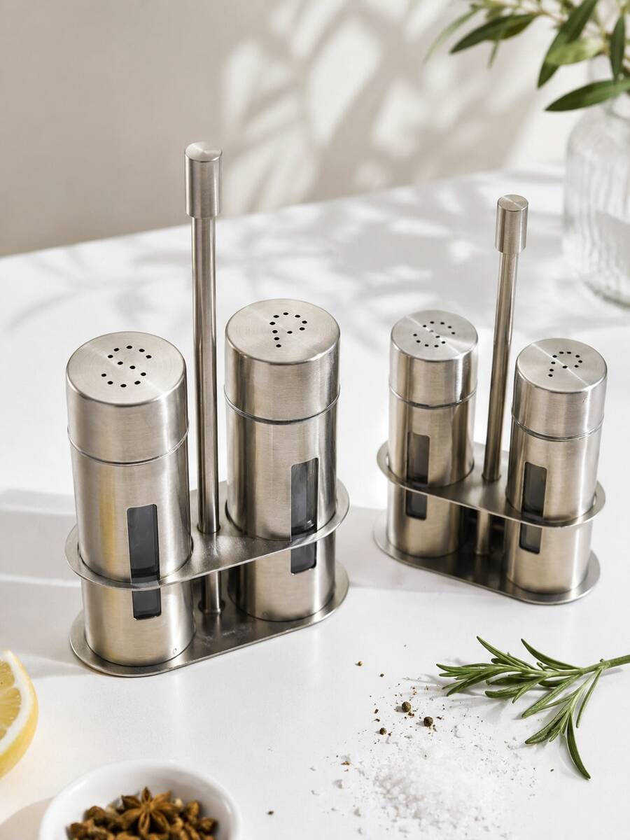 3Pcs Set Stainless Steel Salt And Pepper Shaker Set, Spice Container Set, 2 Refillable Seasoning Jars With Clear Windows And Holder, For Home Kitchen, Dining Table And Restaurant, Kitchen Accessories - Silver - View 1