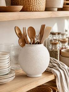 Textured Kitchen Counter Utensil Holder, White Flatware Organizer For Forks Spoons Chopsticks, Dining Table Cutlery Caddy, Cream Farmhouse Kitchen Decor, Apartment Dorm Coffee Bar Storage, Summer Home Gift - Multicolor - View 6