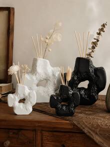 Wabi-Sabi Style Ins Asymmetrical Hollow Rock Vase, Black & White Textured Dual-Use Dried Flower Reed Aromatherapy Diffuser Bottle, Abstract Chinese Style Tea Room Living Room Desktop Decor Gift - Cross-shaped Hollow Aroma Diffuser Bottle - View 8