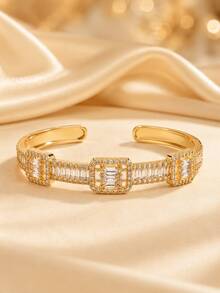 1pc Elegant French Vintage Geometric Segmented Rectangular Zirconia Open Cuff Bracelet For Women, Flattering Skin Tone, Exquisite Low-Key High-End - Bracelet - View 8