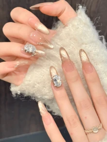 10 piezas de uñas postizas ovaladas/stiletto hechas a mano, Y2K, vacaciones de verano, temporada de graduación, otoño e invierno, adecuadas para niñas y mujeres, festivales, festival de música, uso diario, regalo del Día de San Valentín. - Dorado - Ver 4