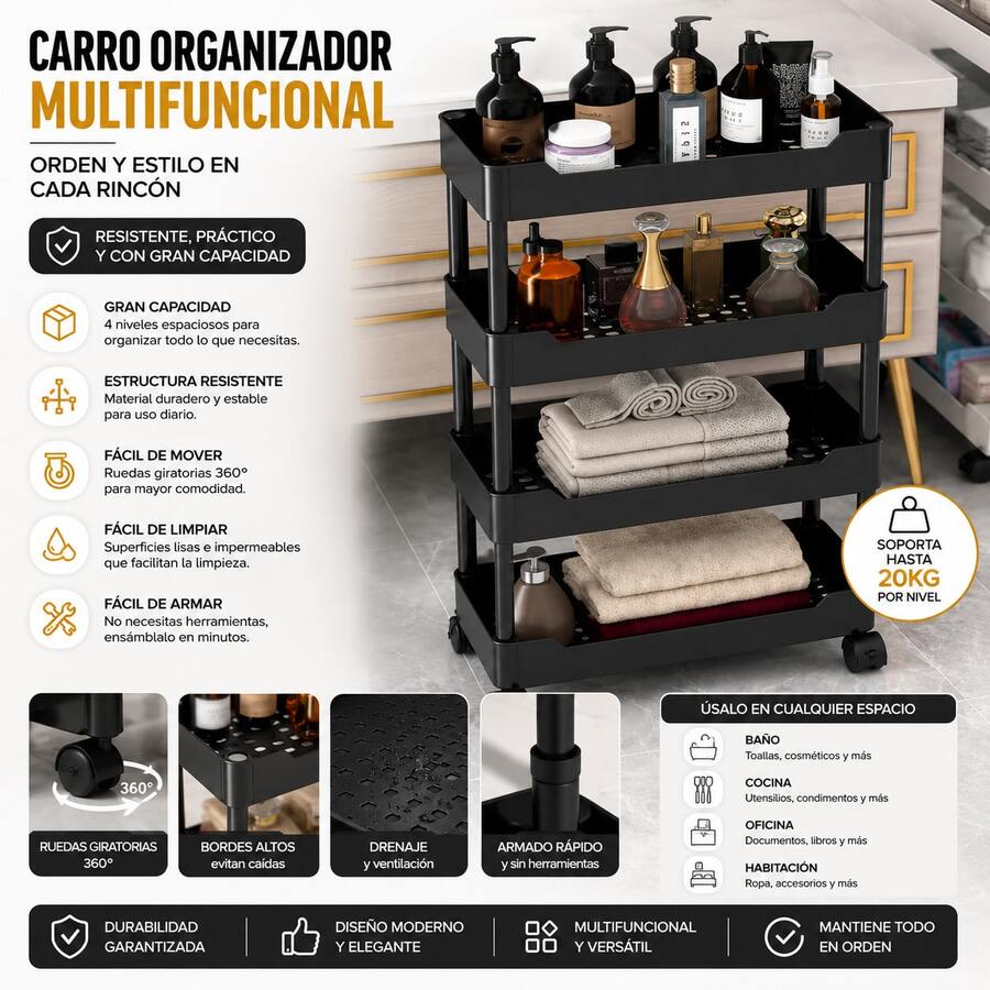 Carrito utilitario de plástico de 4 niveles con asa, carrito de almacenamiento multifuncional para oficina, sala de estar, cocina, organizador de almacenamiento móvil con ruedas 0803 - Blanco y Negro - Ver 1
