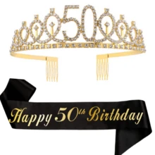 2件組女性生日披帶與皇冠，Happy 16th 18th 21th 30th 40th 50th 60th 70th 80th 生日緞帶，精美女性生日禮物，金色生日派對裝飾用品 - 金色 - 查看 5