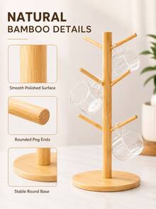1pc Minimalist Tree Shape 6 Peg Design Tabletop Storage Organizer Bamboo Mug Holder For Kitchen Countertop - Apricot - View 3