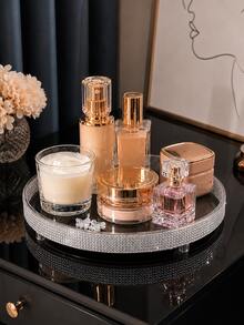 360° Rotating Full Rhinestone Mirror Cosmetic Tray, Luxury Perfume & Skincare Storage Display Plate, Bathroom Countertop/Vanity Decor - Multicolor - View 6