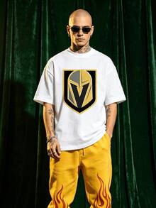 Men's Summer Casual Soft Round Neck Short Sleeve-Shirt,Golden Shield Badge Print Graphic Is Suitable Daily Wear. - White - View 1