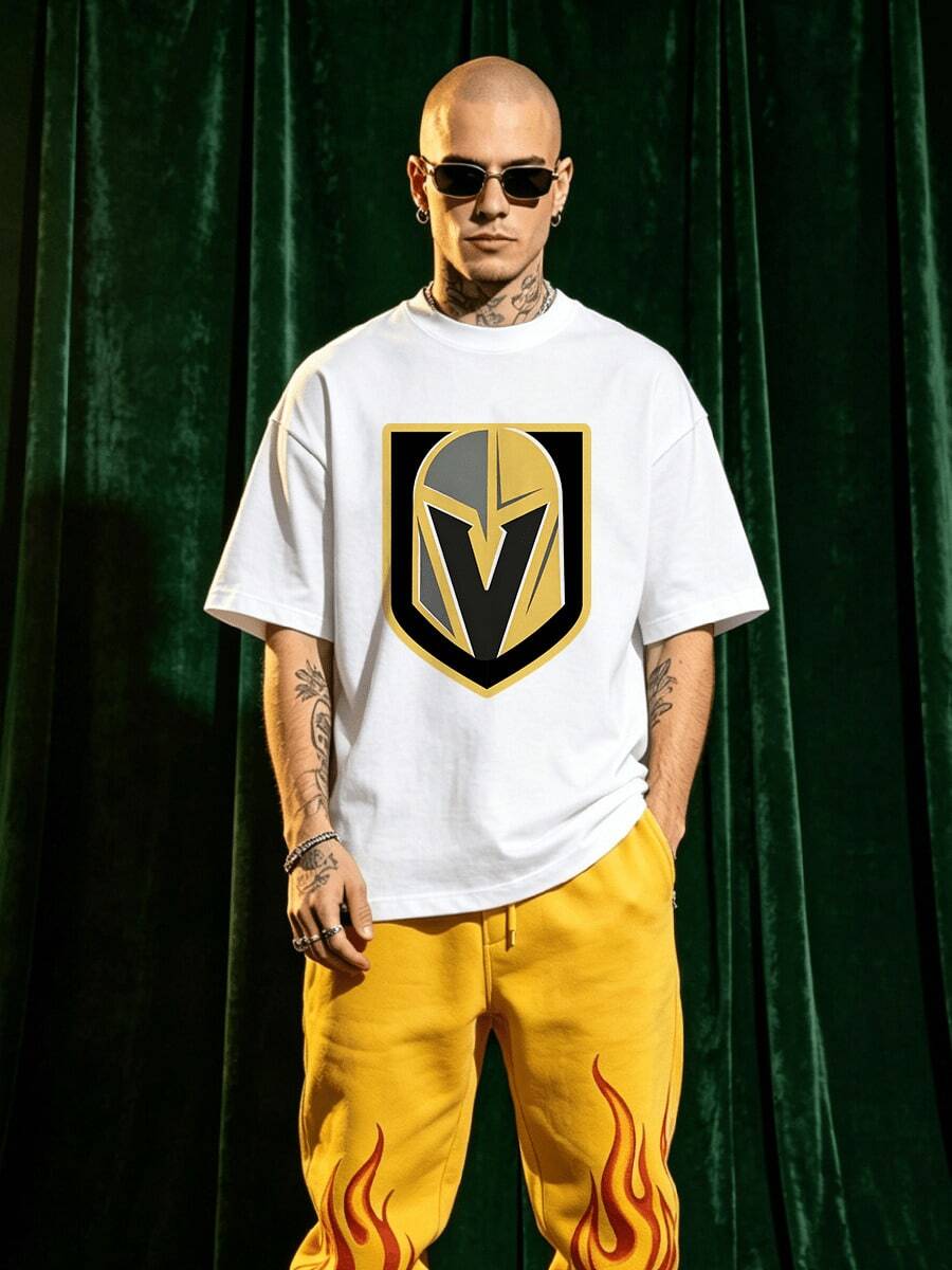 Men's Summer Casual Soft Round Neck Short Sleeve-Shirt,Golden Shield Badge Print Graphic Is Suitable Daily Wear. - White - View 1