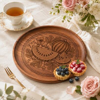 1pc Creative Walnut Wood Carved Watermelon Round Wooden Plate, Western Dinner Plate, Steak Plate, Candy Dish, Fruit Plate, Solid Wood Pizza Board, Serving Tray