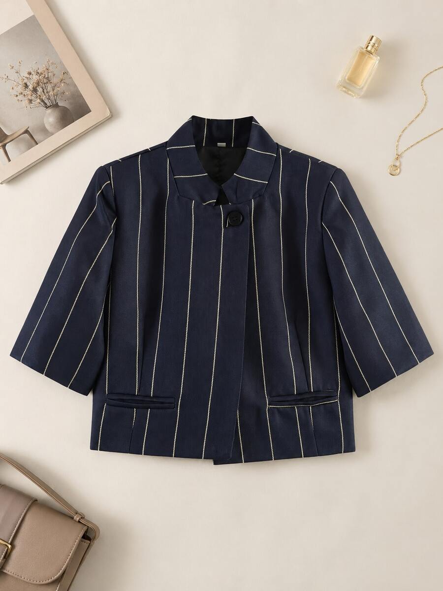 Women's Striped Casual Versatile Everyday Jacket Summer - Navy Blue - View 1