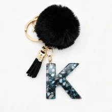 1pc Black Shell Slice Shiny Letter Keychain (A-Z) - Shell Stone Resin Letter Pendant With Pop Pom Pom, Leather Tassel, Fashionable Key Ring, Suitable For Bags/Cars, Cute Gift For Women And Mothers - Multicolor - View 34