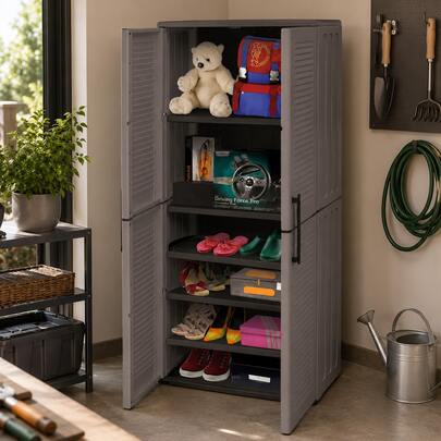 Full-Height Cabinet Made Of High-Strength Polypropylene, Ideal For Organizing Tools, Cleaning Supplies, And Household Or Garden Accessories. Features Steel Hinges For Added Durability And Adjustable Shelves For Customized Storage. Dimensions: 163 X 68 X 37 Cm.