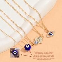 3pcs/Set Bohemian Style Gold Evil Eye Hamsa Hand And Eye Pendant Multi-Layer Necklace, Rhinestone Inlaid Charm Multi-Layer Chain Necklace, Suitable For Women Beach Vacation Jewelry Gift (Blue Eye Shape Color Random) - Gold - View 4