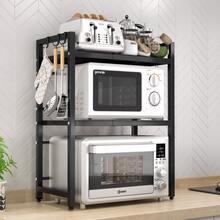 3/2 Tier Expandable Microwave Oven Rack, Heavy Duty Extendable Microwave Shelf Stand With 6 Hooks, Height Adjustable Kitchen Counter Organiser Toaster Baker's Rack (Black) - Black - View 14