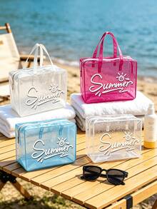 Borsa da toilette trasparente e impermeabile con stampa della parola "Estate", adatta per riporre shampoo, lozioni, cosmetici e altri articoli da bagno, aggiunge un design alla moda e pratico per viaggi e uso quotidiano, adatta per viaggiatori, impiegati, studenti, appassionati di bellezza, può essere utilizzata per viaggi, fitness, soggiorni in hotel, conservazione quotidiana in bagno, multifunzionale come borsa da toilette, borsa da viaggio, borsa portaoggetti, borsa da spiaggia, borsa per il trucco - Multicolore - Visualizzare 2