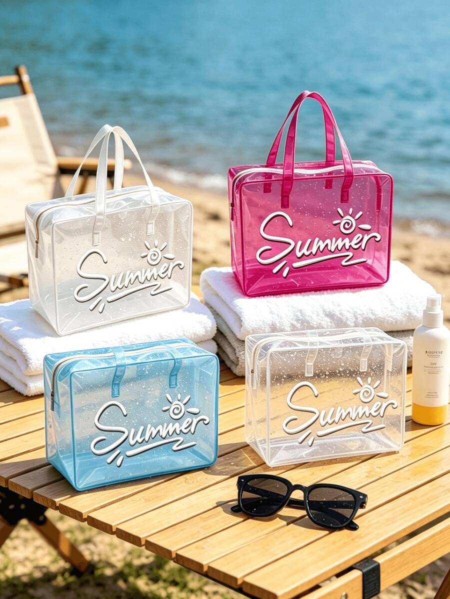 Borsa da toilette trasparente e impermeabile con stampa della parola "Estate", adatta per riporre shampoo, lozioni, cosmetici e altri articoli da bagno, aggiunge un design alla moda e pratico per viaggi e uso quotidiano, adatta per viaggiatori, impiegati, studenti, appassionati di bellezza, può essere utilizzata per viaggi, fitness, soggiorni in hotel, conservazione quotidiana in bagno, multifunzionale come borsa da toilette, borsa da viaggio, borsa portaoggetti, borsa da spiaggia, borsa per il trucco