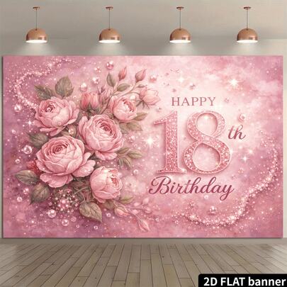 1 pieza Pancarta con tema de rosa rosa para el 18º cumpleaños, material de poliéster, adecuada para cumpleaños, bodas, fiestas de aniversario, ceremonias de mayoría de edad, reuniones de amigos, decoraciones interiores/exteriores, decoración del hogar, jardines, decoraciones de patio, tema general