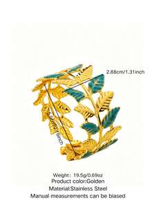 VceTd 1pc Romantic Style Colorful Enamel Leaf Design Stainless Steel Open Bangle Bracelet For Women, Suitable For Weddings, Travel, Or As A Valentine's Day Gift For Your Loved One - Yellow Gold - View 13