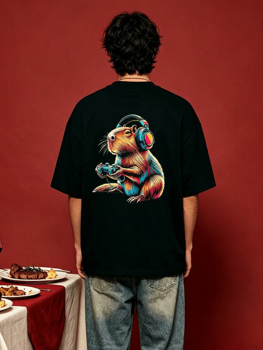 Men's Summer Casual Soft Round Neck Short Sleeve-Shirt,Headphone Game Controller Capybara Vivid Print Graphic Is Suitable Daily Wear. - Black - View 1