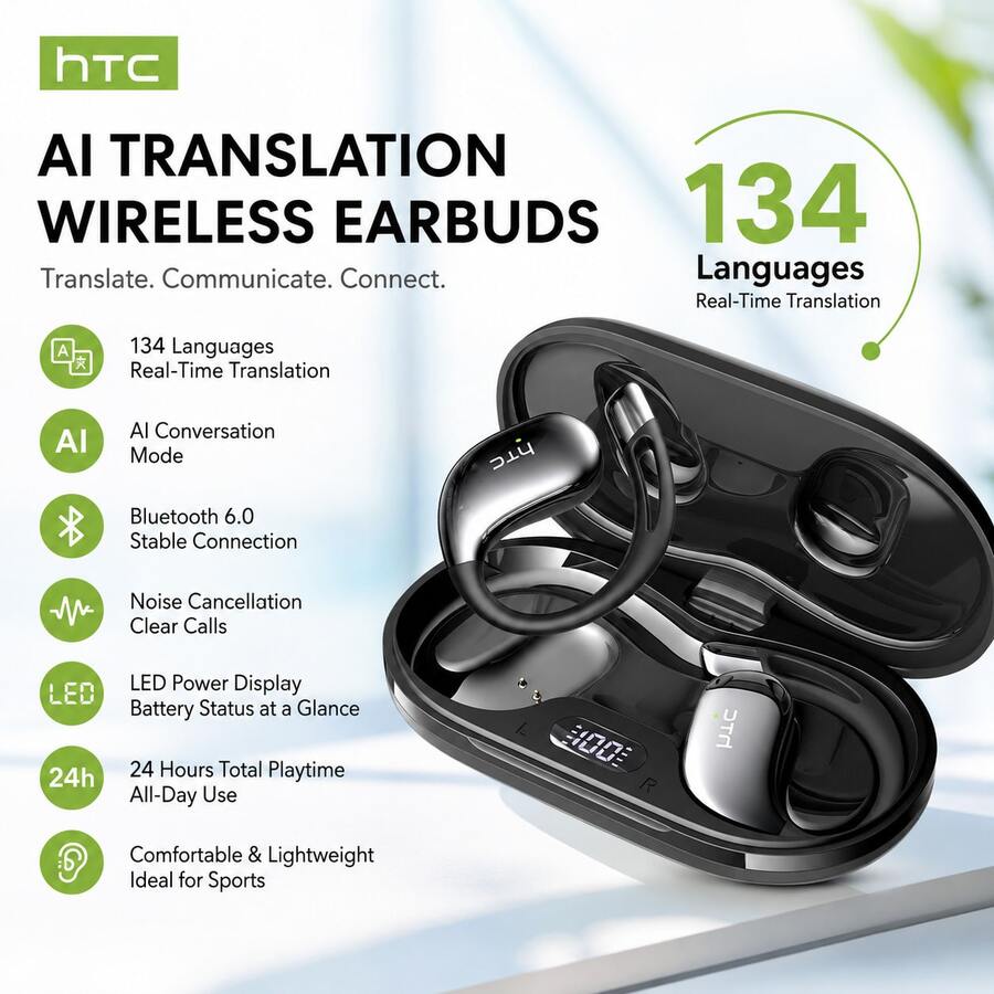HTC NE57 開耳式 AI 智慧耳機，支援 134 種語言，配備 HD 電量顯示與清晰音質，24 小時長效續航，適合運動、遊戲、辦公等場景