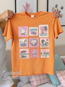 Summer New Style  T-Shirt With Sleeves Retro Stamps, Seashell Ice Cream, Surfing Board. Printed Casual Plus-Size T-Shirt. A Gift For Friends, Parents. - 橘色 - 查看 1