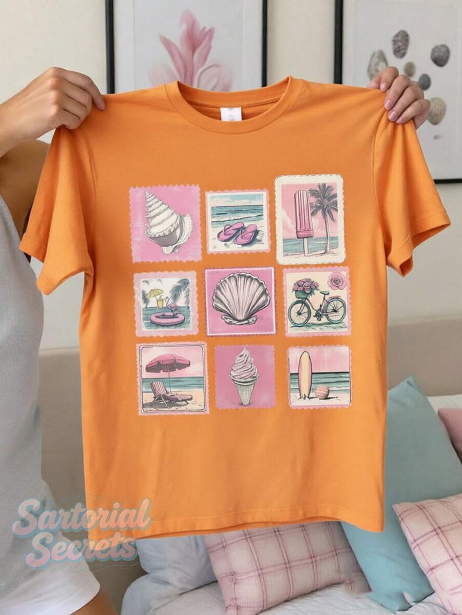 Summer New Style T-Shirt With Sleeves Retro Stamps, Seashell Ice Cream, Surfing Board. Printed Casual Plus-Size T-Shirt. A Gift For Friends, Parents. - 橘色 - 查看 1