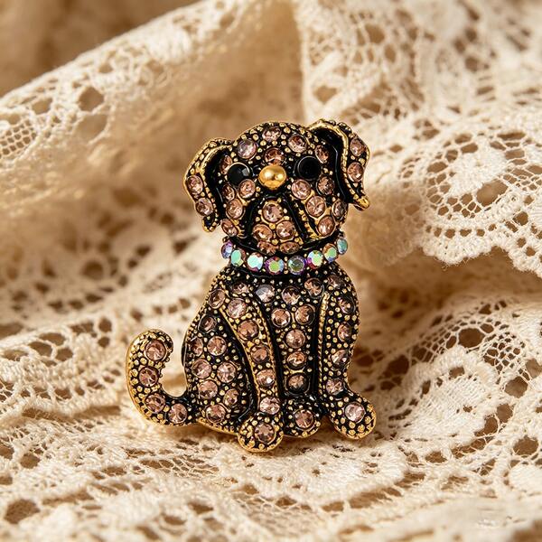 Vintage Gentleman Bulldog Brooch - Lively Pug Animal Design, Distressed Craftsmanship With Sparkling Champagne Rhinestones, Comfortable To Wear, Unisex, Birthday, Graduation Party Or Mother's Day Gift