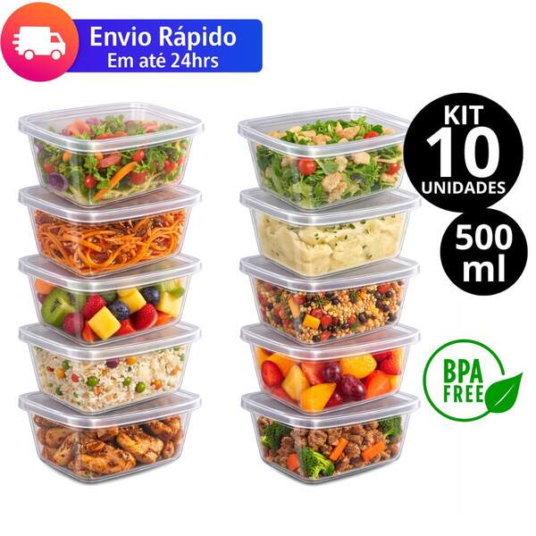 Kit 10 Potes 500 ml Retangular Reforçado Transparentes BPA Free Organizador de Alimentos Marmitas