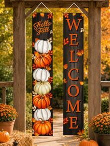 4pcs Autumn Porch Decor Hanging Flags, 70.8 Inch Welcome & Thank You Door Hanging Decor, Pumpkin Gnome Turkey Maple Leaf Buffalo Plaid Vertical Sign, Suitable For Front Door, Porch, Entryway, Yard, Farmhouse, Thanksgiving Autumn Harvest Party Decoration - Multicolor - View 6
