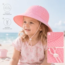 中性幼童 1-4 歲格紋寬邊遮陽帽，可調節下巴繩，透氣網布內裡，適合海灘戶外旅行 - 格子大沿太陽帽 - 查看 4