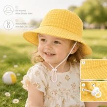 中性幼童 1-4 歲格紋寬邊遮陽帽，可調節下巴繩，透氣網布內裡，適合海灘戶外旅行 - 格子大沿太陽帽 - 查看 6