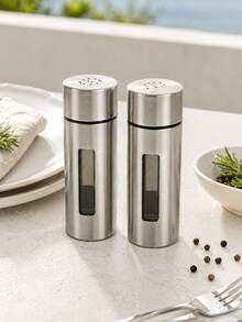 3Pcs Set Stainless Steel Salt And Pepper Shaker Set, Spice Container Set, 2 Refillable Seasoning Jars With Clear Windows And Holder, For Home Kitchen, Dining Table And Restaurant, Kitchen Accessories - Silver - View 6