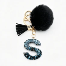 1pc Black Shell Slice Shiny Letter Keychain (A-Z) - Shell Stone Resin Letter Pendant With Pop Pom Pom, Leather Tassel, Fashionable Key Ring, Suitable For Bags/Cars, Cute Gift For Women And Mothers - Multicolor - View 19