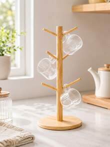 1pc Minimalist Tree Shape 6 Peg Design Tabletop Storage Organizer Bamboo Mug Holder For Kitchen Countertop - Apricot - View 5