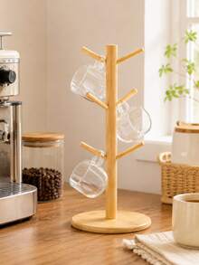 1pc Minimalist Tree Shape 6 Peg Design Tabletop Storage Organizer Bamboo Mug Holder For Kitchen Countertop - Apricot - View 6