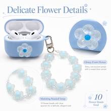 Cute Light Blue Cherry Blossom Bluetooth Earphone Case Compatible With AirPods Pro 2 Protective Cover With Blue Beaded Lanyard - Baby Blue - View 5