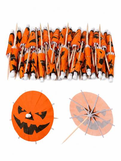 50pcs Halloween Pumpkin Drink Umbrella Decor Picks, Jack-O'-Lantern Paper Umbrella Cocktail Decorations, Orange Halloween Party Beverage Decor, Bar Drink Accents, Cupcake Dessert Decor Flags, Spooky Autumn Party Supplies