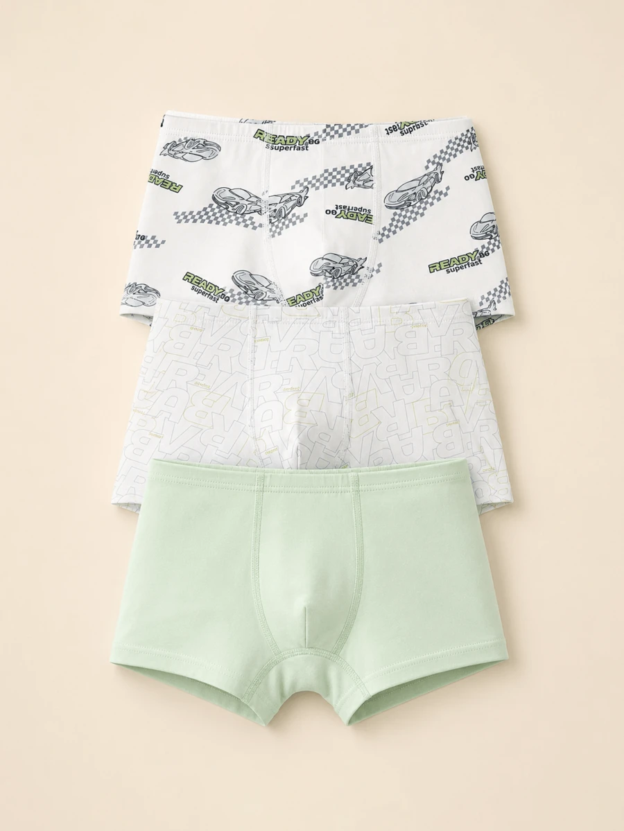Balabala Tween Boy 3-Pack Boxer Briefs, Antibacterial - White Green Tone - View 1