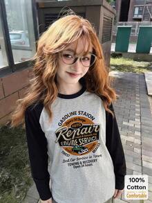Kaos Lengan Panjang Raglan Wanita Musim Gugur, Motif Kartun, Potongan Longgar, Atasan Kasual Ukuran Sedang - Hitam dan abu-abu - View 3