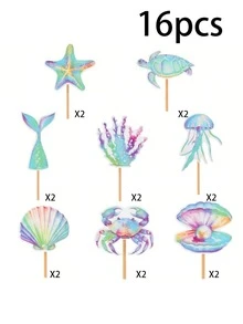32pcs Mermaid Theme Birthday Party Decorations, Cupcake Toppers, Reusable Mermaid Tail Happy Birthday Cake Decorations, Baking Decor, Party Supplies - Multicolor - View 15