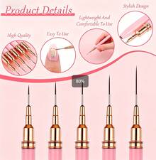 Professional Detail Nail Paint Liner Brush Set,5 Small Polish Design Technique Nail Tip Fine Line Stripe Brush,/9/11/ 15/20mm Tight Body Length Brush Nail Drawing Pencil Nail Kit Nail Supplies Nail Stuff Nail Tech Supplies - Pink - View 8