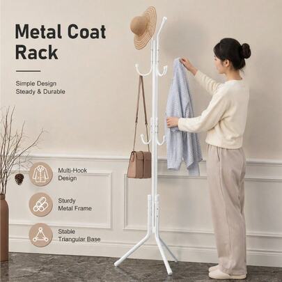 Freestanding Metal Coat Rack Stand, Multi Hooks Heavy Duty Clothes Hanger Organizer, Stable Tripod Base Garment Rack For Entryway Bedroom Hat Bag Purse