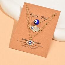 3pcs/Set Bohemian Style Gold Evil Eye Hamsa Hand And Eye Pendant Multi-Layer Necklace, Rhinestone Inlaid Charm Multi-Layer Chain Necklace, Suitable For Women Beach Vacation Jewelry Gift (Blue Eye Shape Color Random) - Gold - View 3