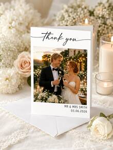 Tarjetas de agradecimiento personalizadas con foto de pareja y sobres, tarjetas de felicitación con nombre y fecha de recién casados personalizados, sube tu foto de boda romántica al atardecer, tarjetas de agradecimiento, tarjetas de regalo de boda, tarjetas de agradecimiento a los invitados, tarjetas de invitación de estilo floral blanco minimalista premium, adecuadas para boda, fiesta, aniversario, regalo, decoración - Multicolor - Ver 6