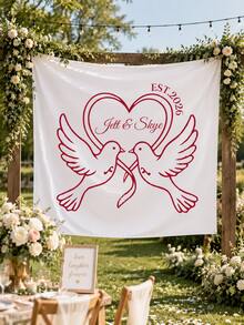 客製化婚禮橫幅「Love Birds」主題，適合情侶派對與婚前慶祝懸掛背景布 - 彩色 - 查看 1