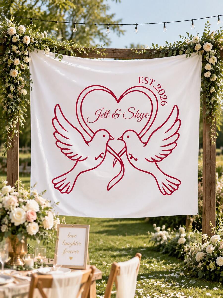 客製化婚禮橫幅「Love Birds」主題,適合情侶派對與婚前慶祝懸掛背景布 - 彩色 - 查看 1
