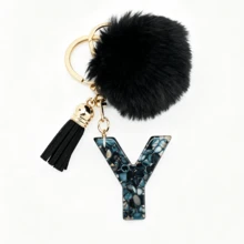 1pc Black Shell Slice Shiny Letter Keychain (A-Z) - Shell Stone Resin Letter Pendant With Pop Pom Pom, Leather Tassel, Fashionable Key Ring, Suitable For Bags/Cars, Cute Gift For Women And Mothers - Multicolor - View 29