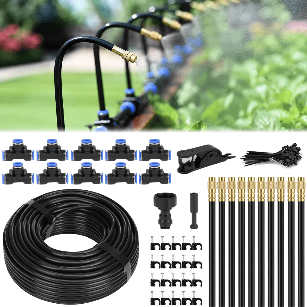 1 Set DIY Micro Drip Irrigation Kit, Adjustable Brass Spray Stake Watering System, 5/16" PVC Tubing Automatic Water Saving Irrigation Set With Connectors Cutter Cable Ties, For Garden Lawn Flower Bed Greenhouse Balcony Vegetable Plant - 10M - View 1