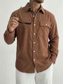 Men's Solid Color Long Sleeve Single-Breasted Utility Pocket Casual Shirt - Brown - View 1